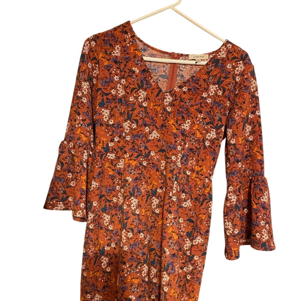 Gilli Floral Print Bell Sleeve Dress‎ Rust Orange V Neck Fall Autumn
